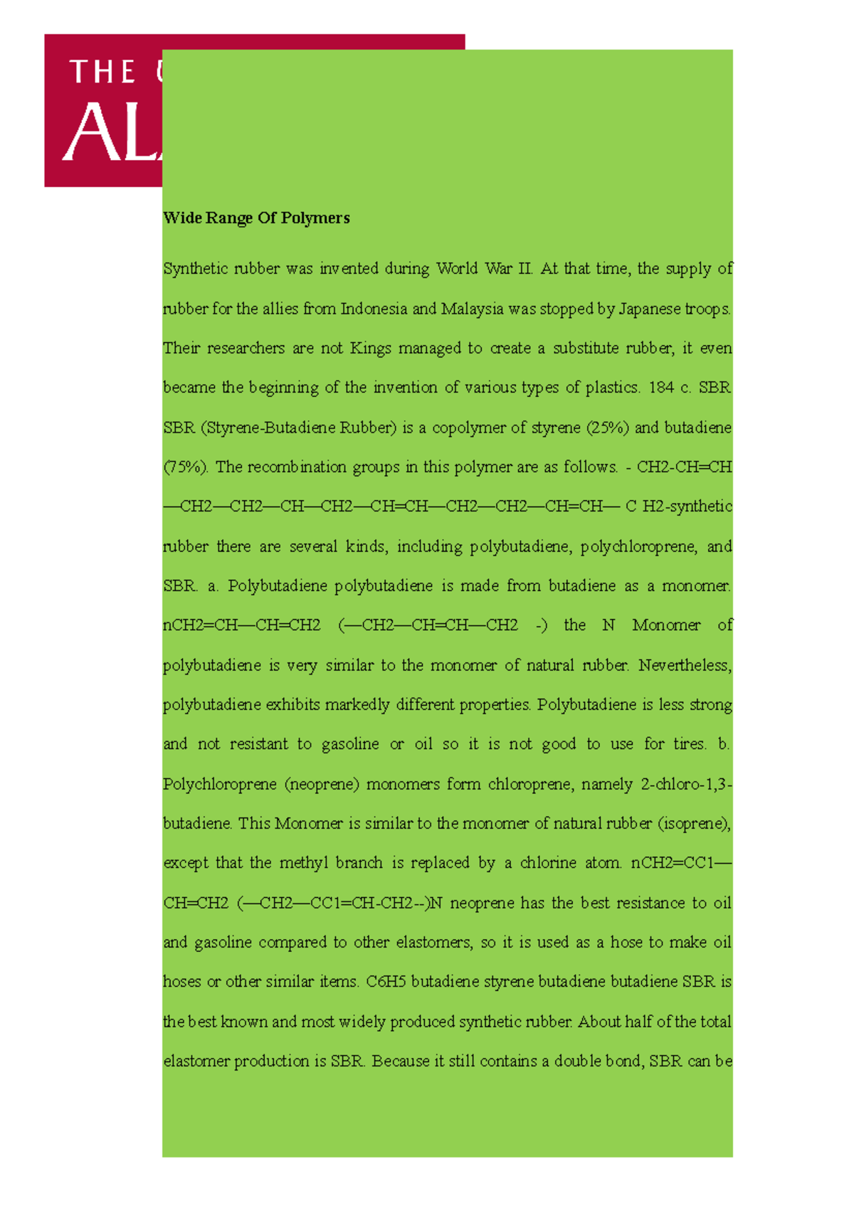 My Lecture Documents Chemistry - Wide Range Of Polymers - Wide Range Of ...