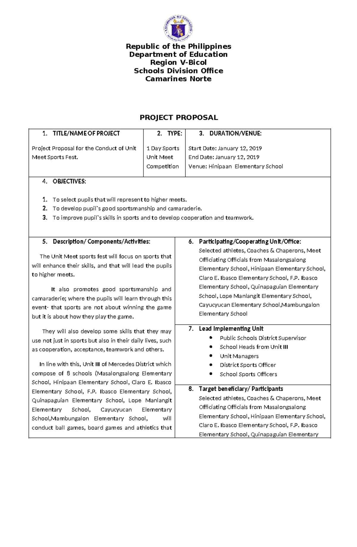Unit Meet Sports Proposal - Republic of the Philippines Department of ...