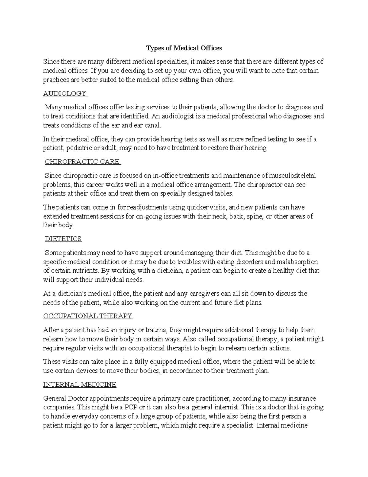 Lesson 2 Outline Types of Medical Offices Types of Medical Offices