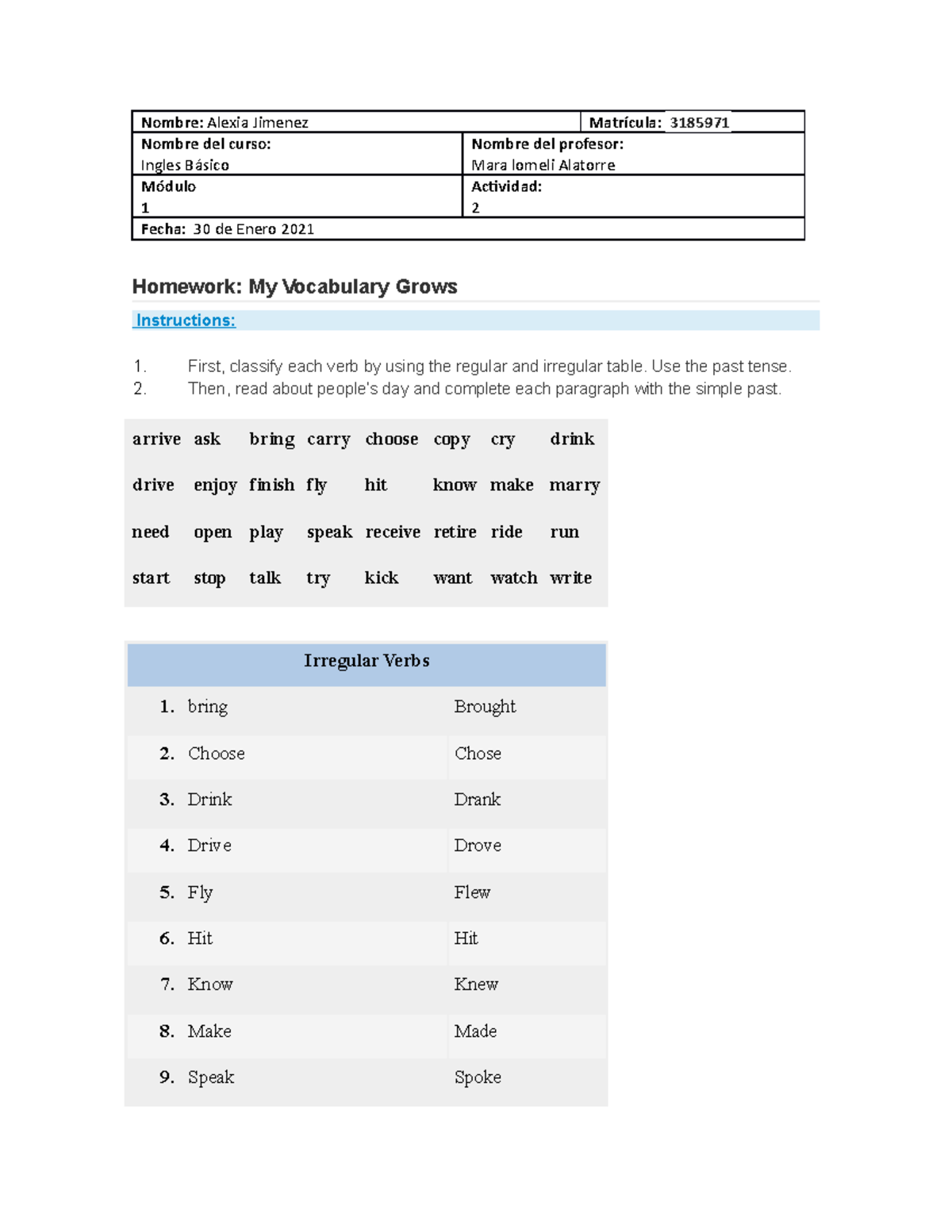 Ingles Basico Actividad 2 alexia - NombreNombre del curso: : Alexia ...