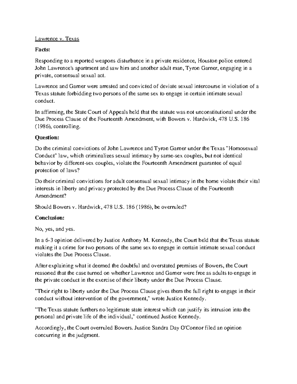 11-14-19 Briefs - Lawrence v. Texas Facts: Responding to a reported ...