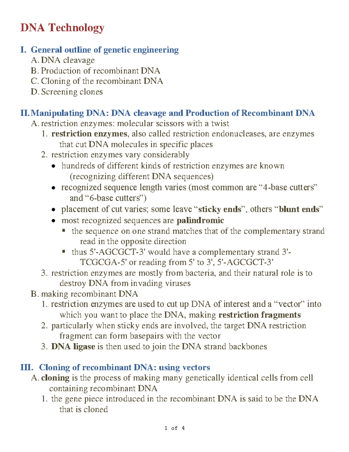 DNA technology - Lecture notes 17 - DNA Technology I. General outline ...