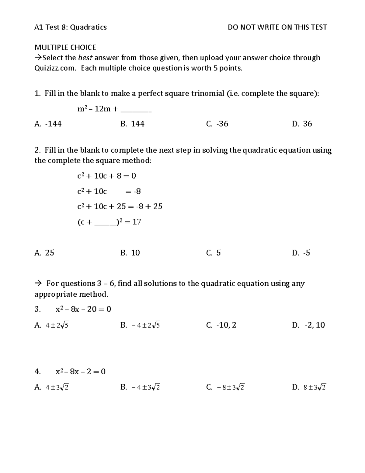 19-20 A1B Test 8 Quadratic Graphs math 9 and precal - A1 Test 8 ...