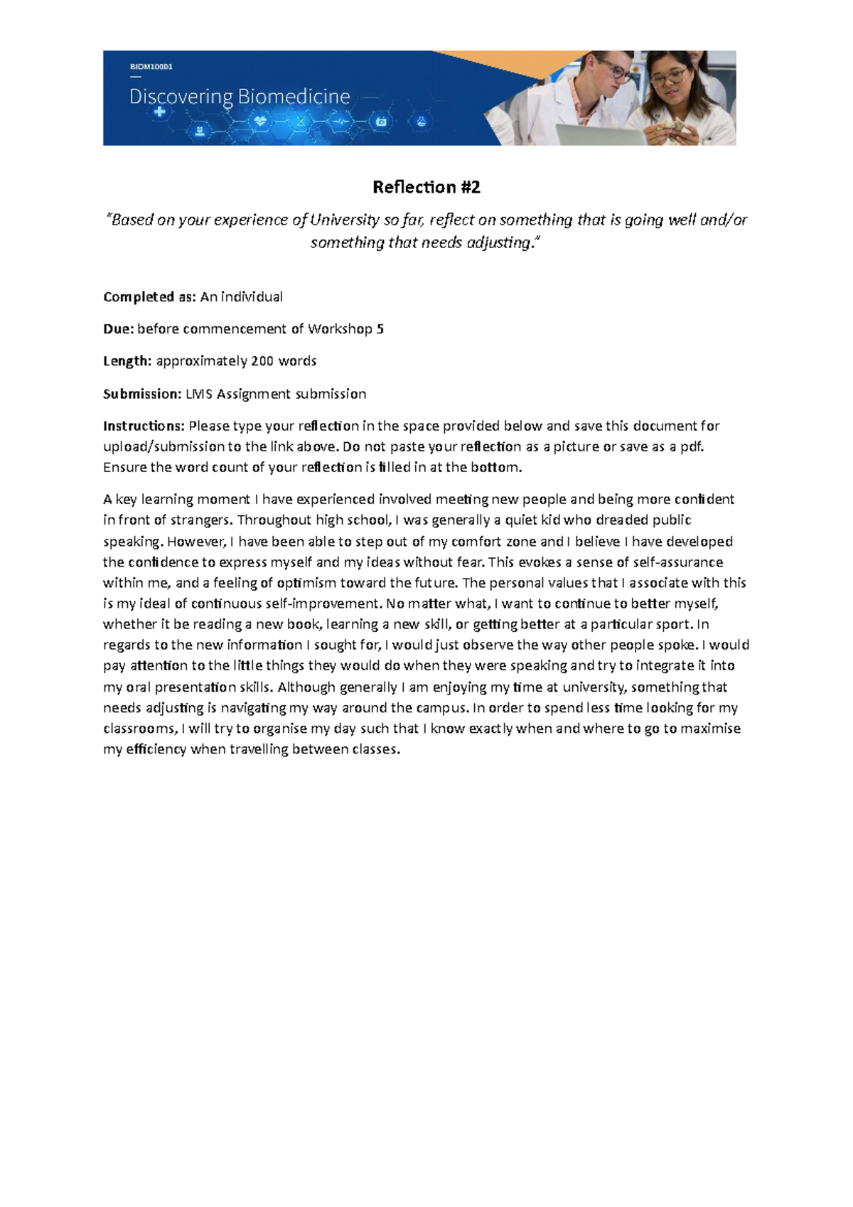 BIOM10001 Written Reflection 2 template - Reflection “Based on your ...