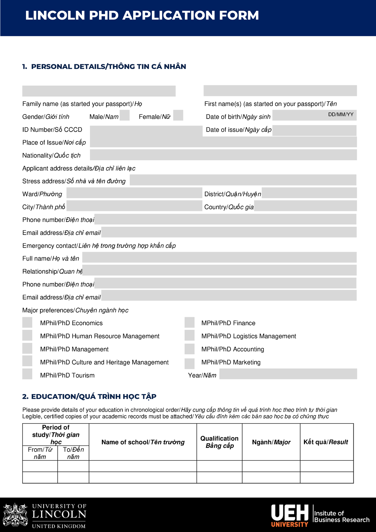 Ph D Application Form Zd Um Ljg H - 1. PERSONAL DETAILS/THÔNG TIN CÁ ...