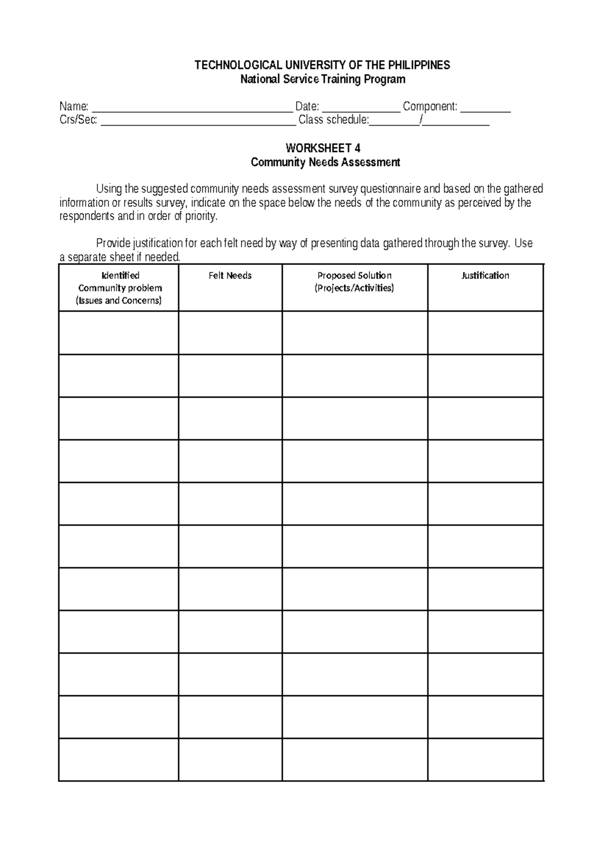 NSTP 2 worksheet 4 - Wala lang - TECHNOLOGICAL UNIVERSITY OF THE ...