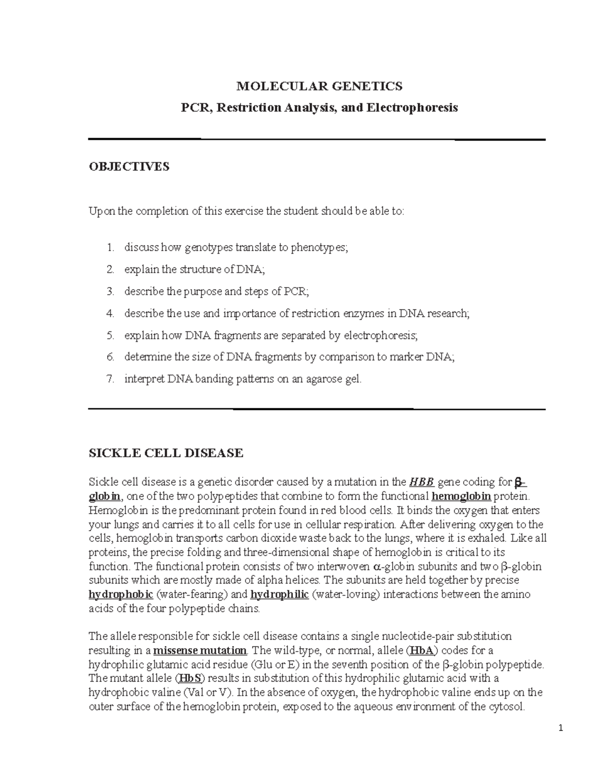 Sickle Cell Lab handout-dept F22 - MOLECULAR GENETICS PCR, Restriction ...