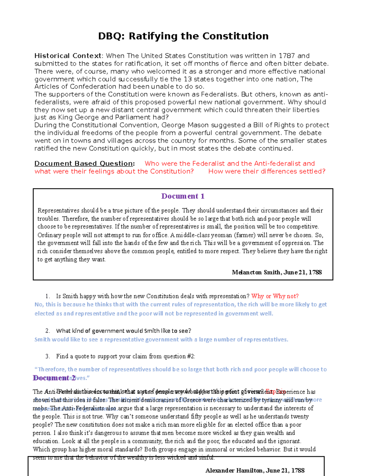 DBQ Ratifying the Constitution (Federalists vs Ant-Federalists In Ratifying The Constitution Worksheet Answers