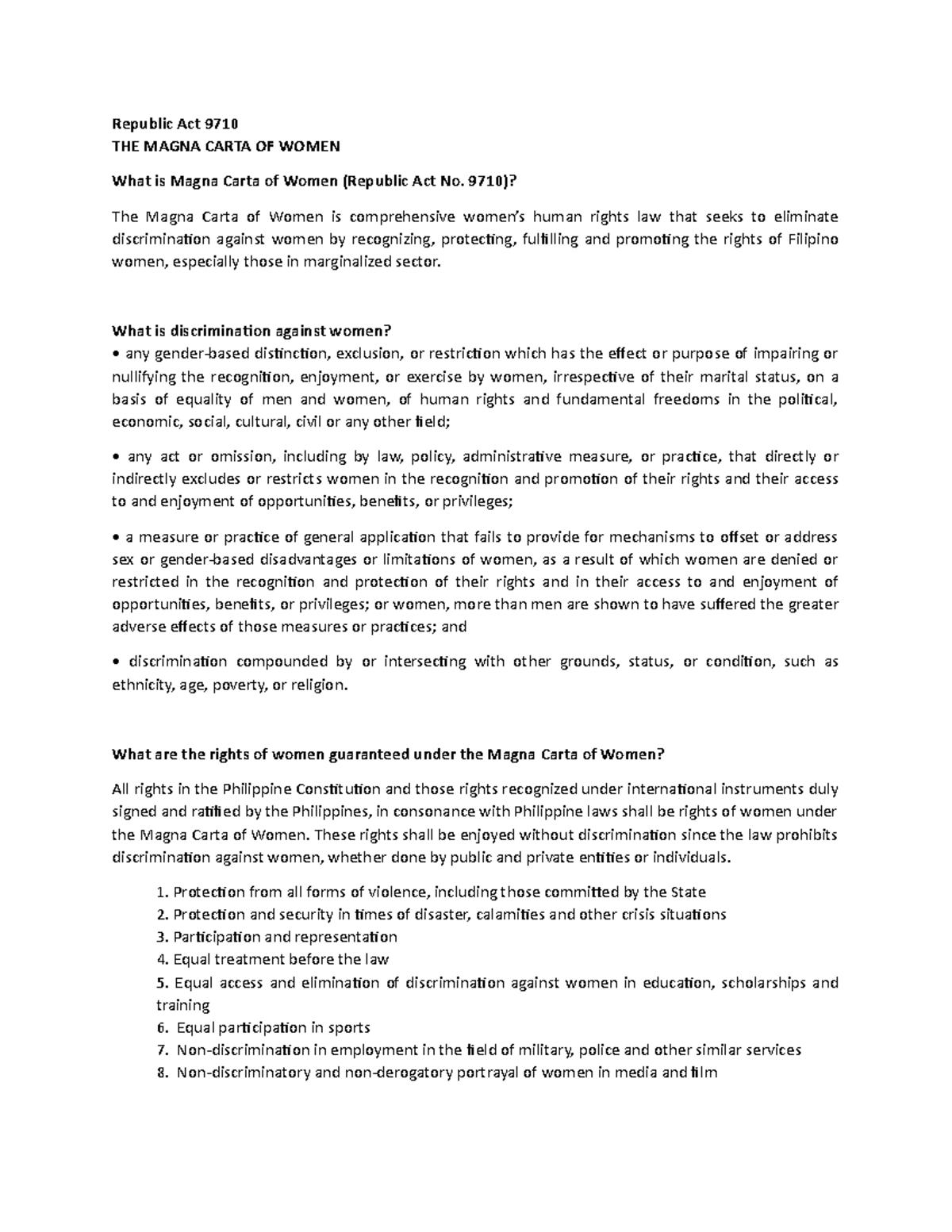 Magna Carta of Women (RA 9710) Outline Republic Act 9710 THE MAGNA