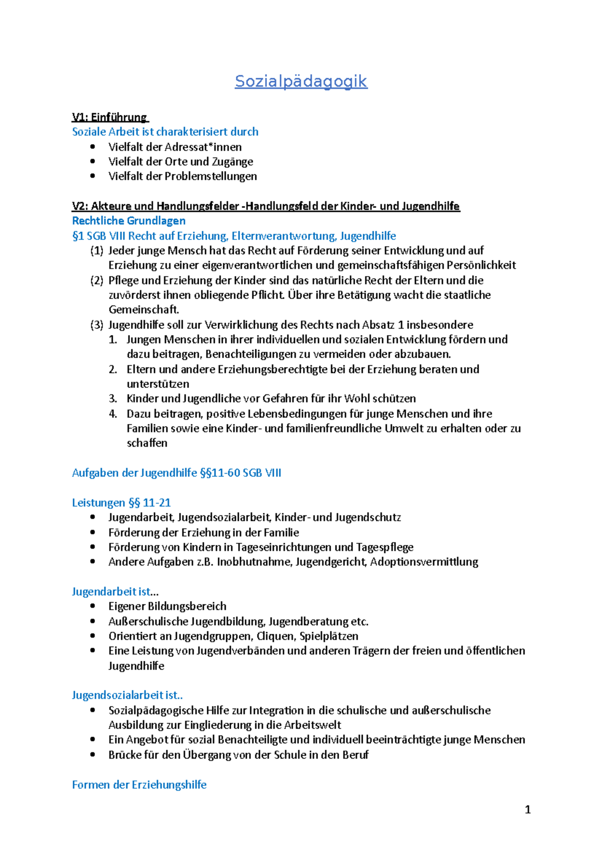 Sozialpädagogik Zusammenfassung V1 Soziale Arbeit ist charakterisiert durch Vielfalt der