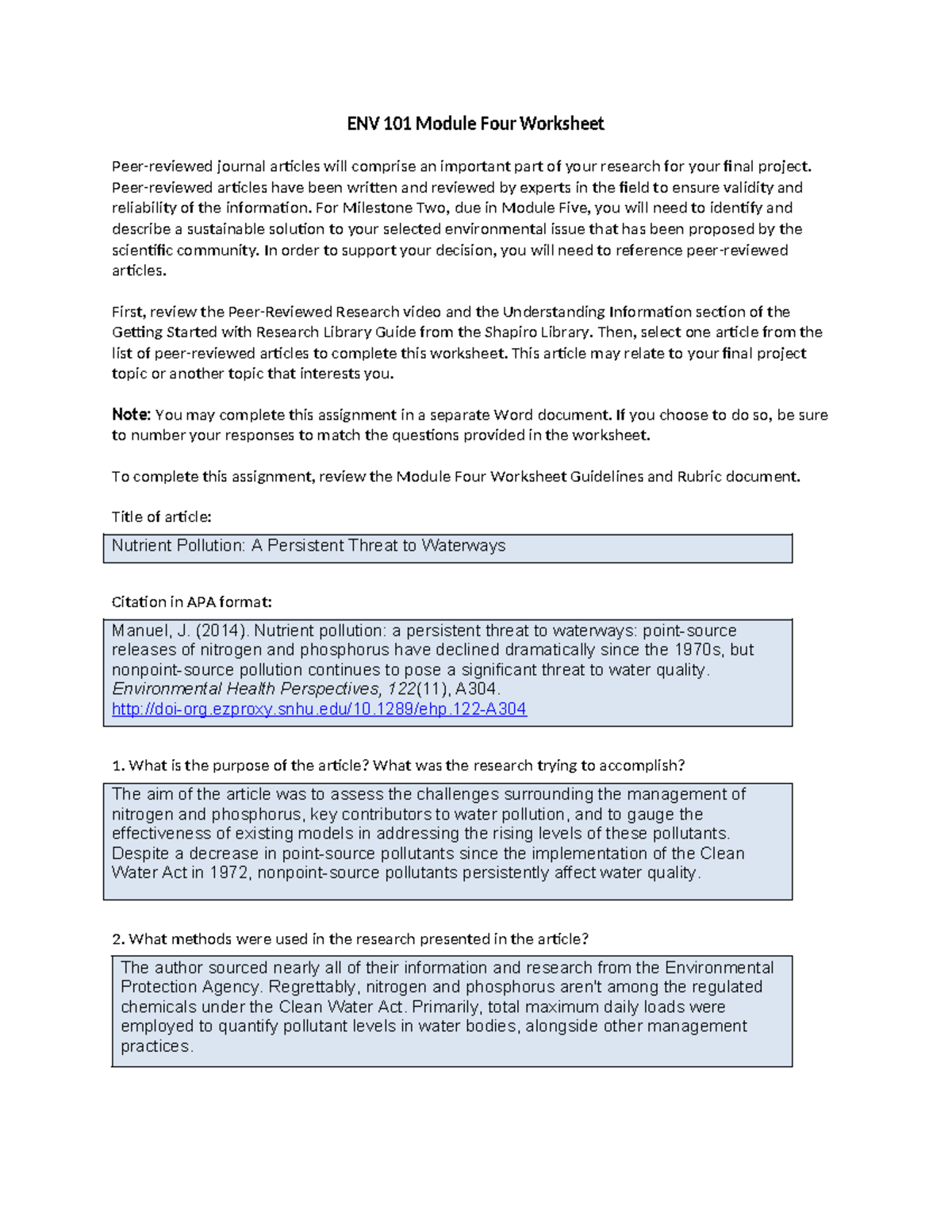 ENV 101 Module Four Worksheet - ENV 101 Module Four Worksheet Peer ...