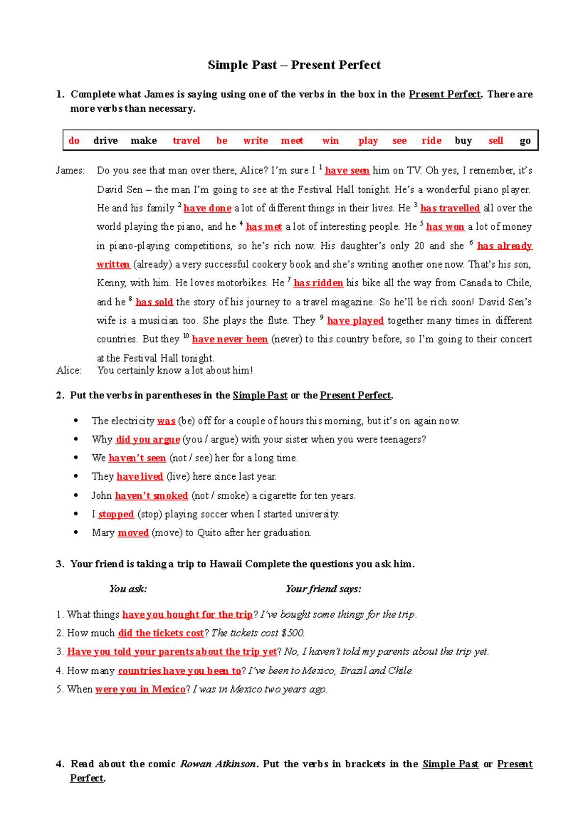 Simple Past vs Present Perfect - Worksheet 1- Answers - Simple Past ...