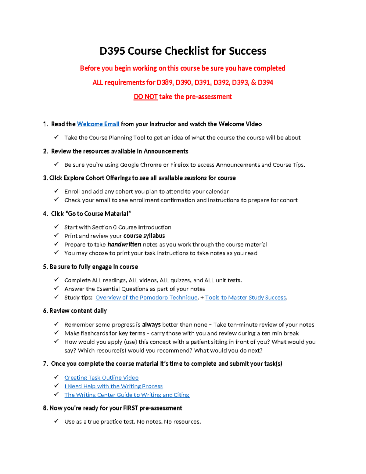 D395 Course Checklist for Success - Read the Welcome Email from your ...