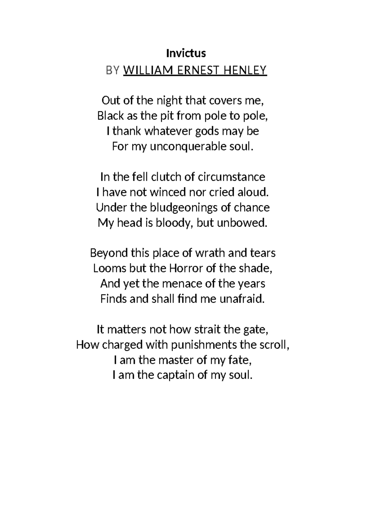 Invictus - Invictus BY WILLIAM ERNEST HENLEY Out of the night that ...