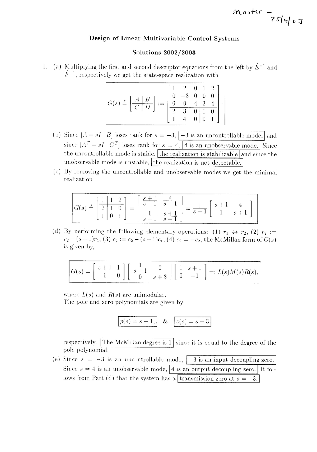 03 Sols Notes Design Of Linear Multivariable Control Systems Design Of Linear Multivariable Control Systems Solutions Multiplying The And Second Studocu