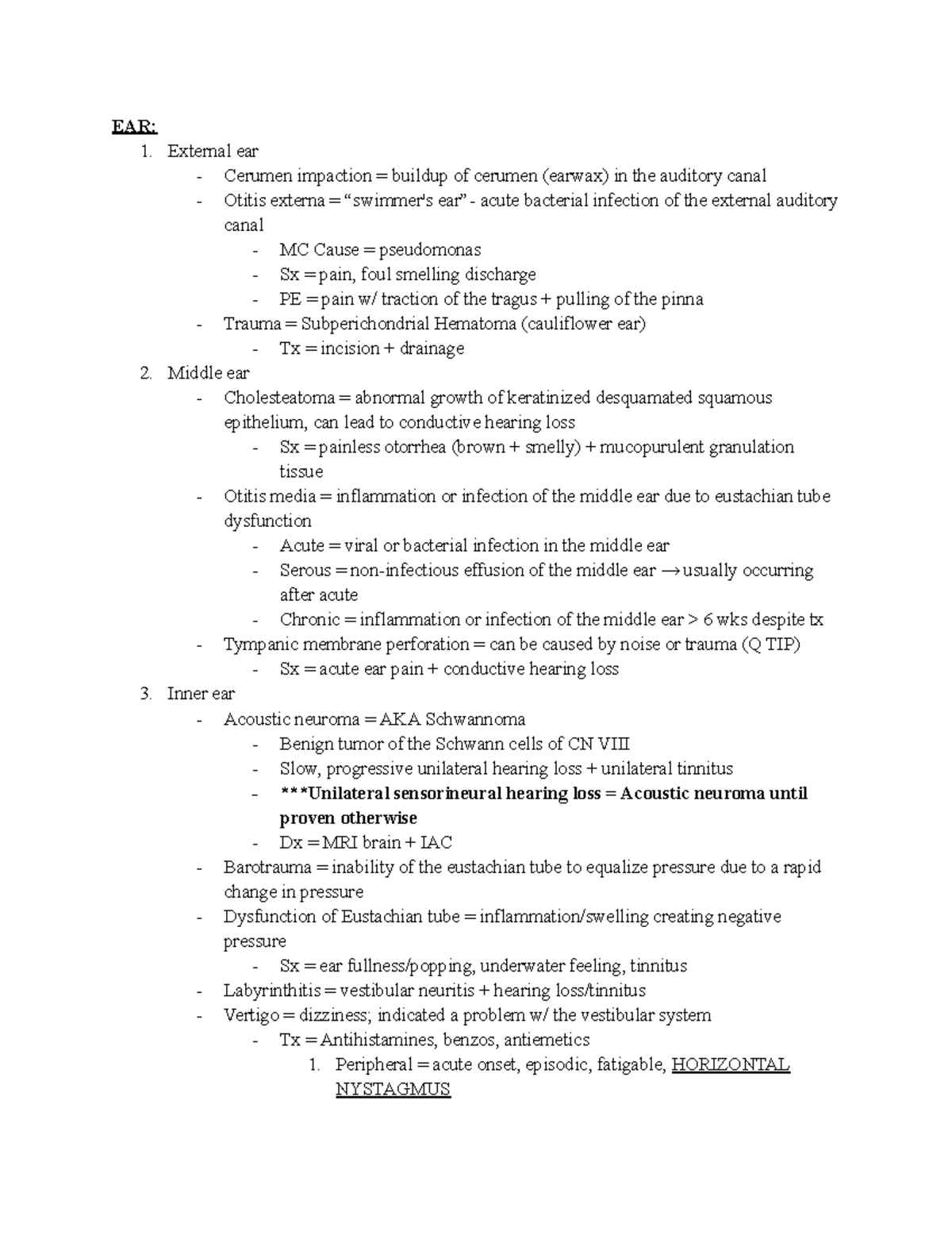 HEENT Anatomy Notes - EAR: External ear Cerumen impaction = buildup of ...