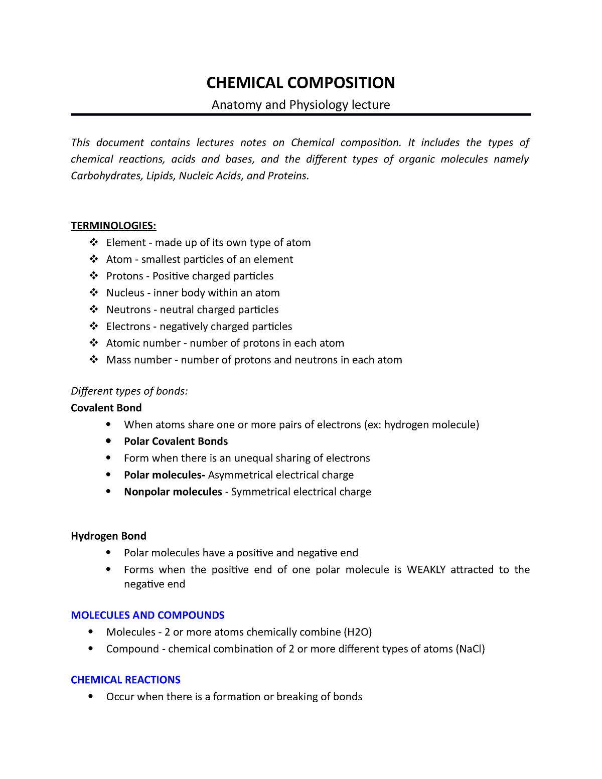 Chemical Composition - It includes the types of chemical reactions ...