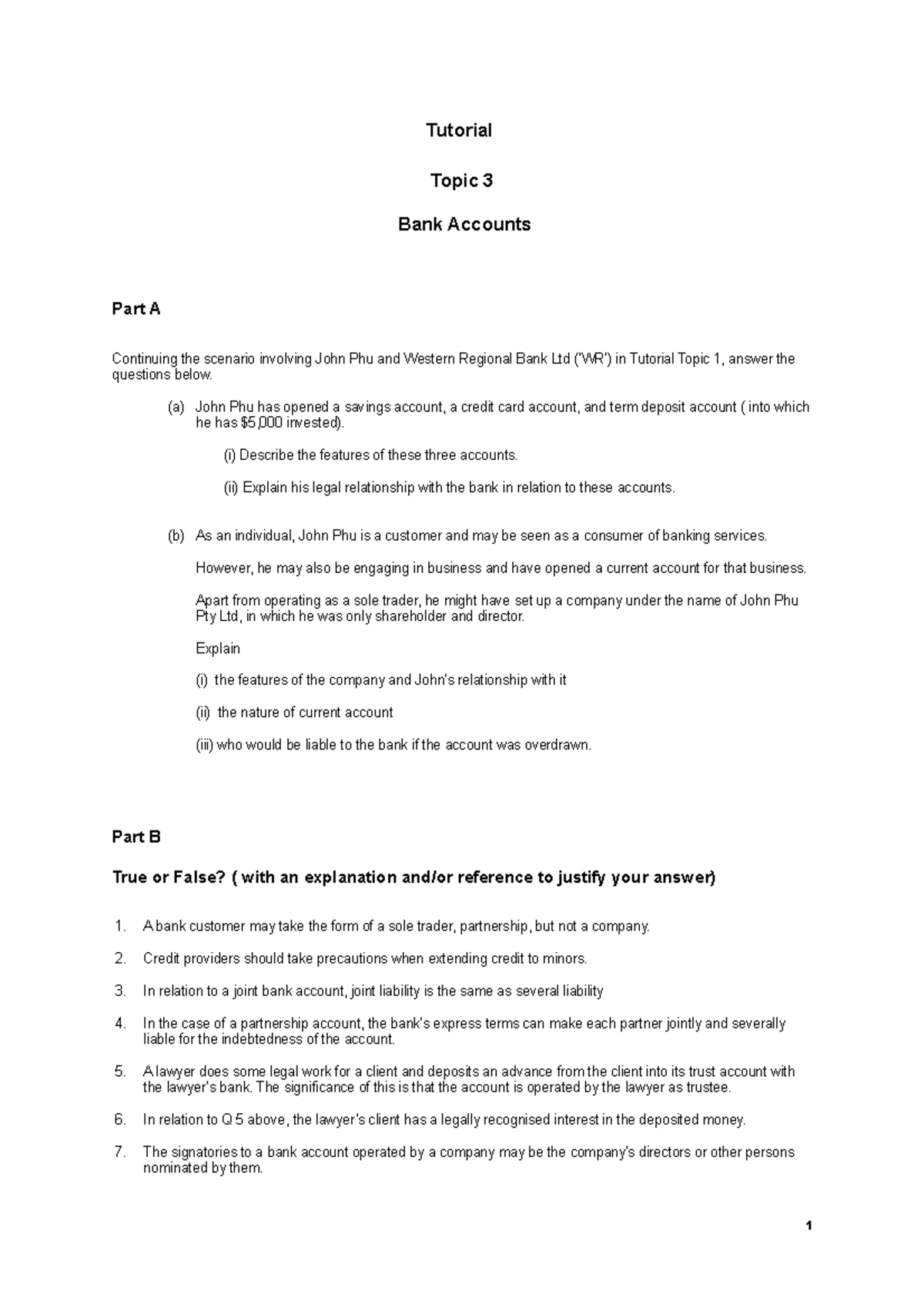 Tutorial 3 Bank Accounts - Tutorial Topic 3 Bank Accounts Part A ...