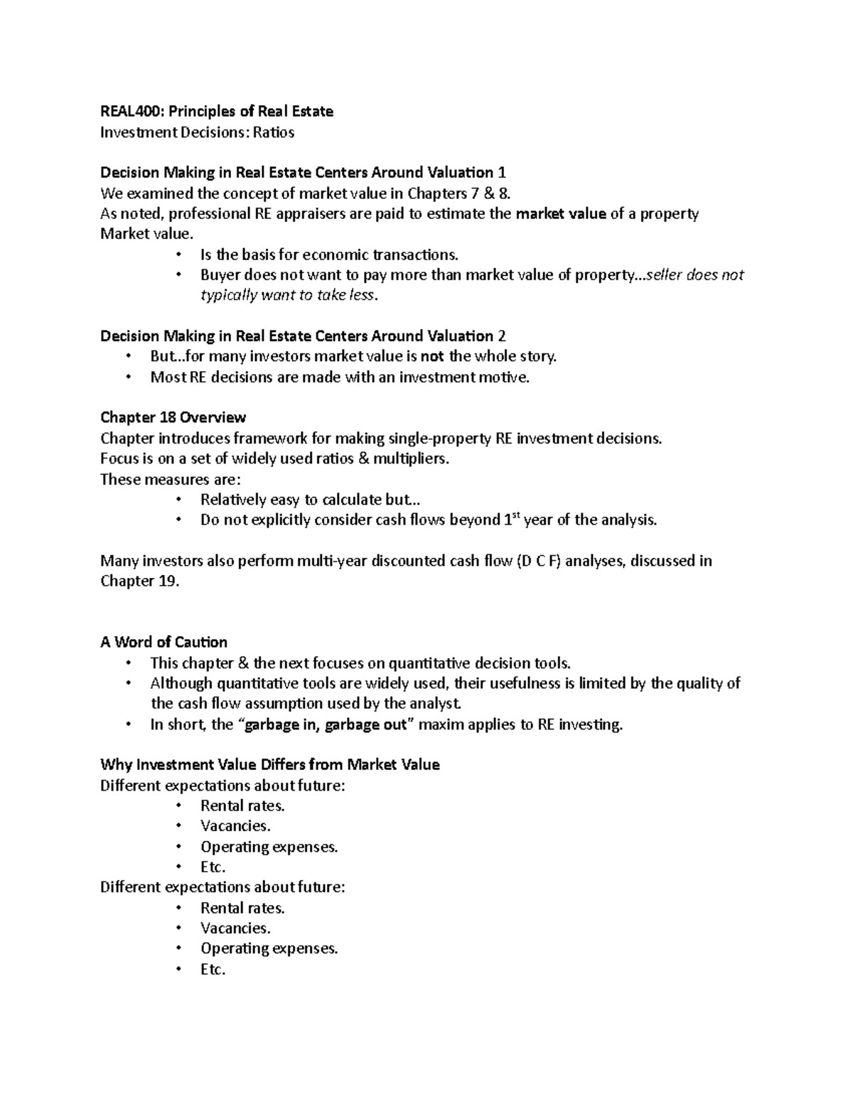 REAL4000 Notes 5 REAL400 Principles of Real Estate Investment