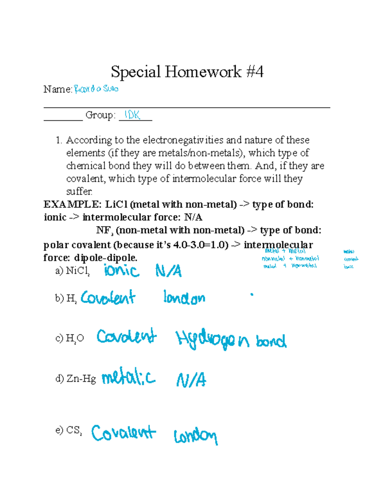 Special homework - According to the electronegativities and nature of ...