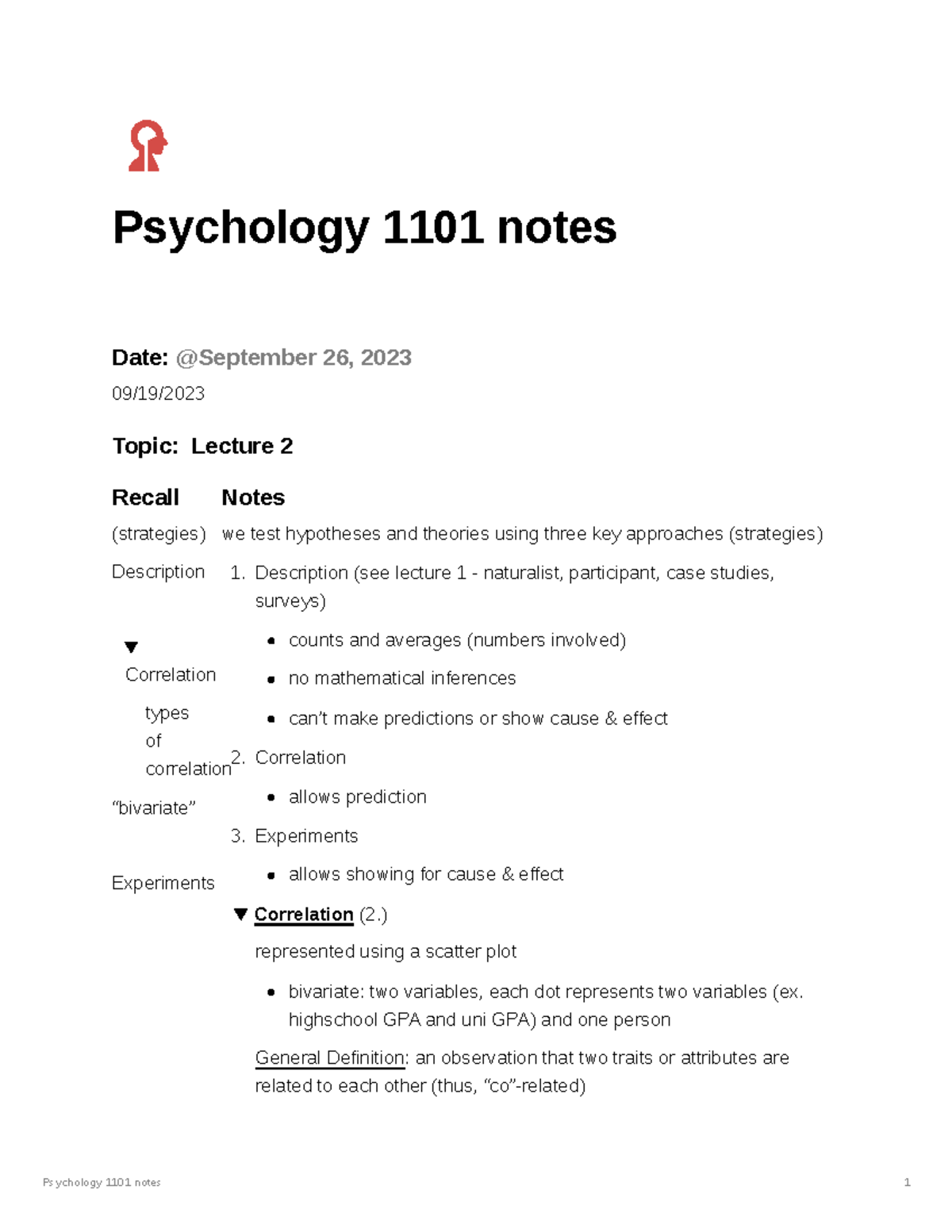 Psychology 1101 notes lectures 1 and 2 - Psychology 1101 notes Date: 09 ...
