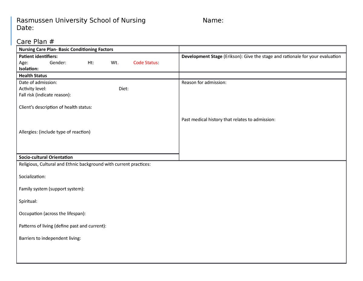 Care Plan Template Care plan Rasmussen University School of Nursing