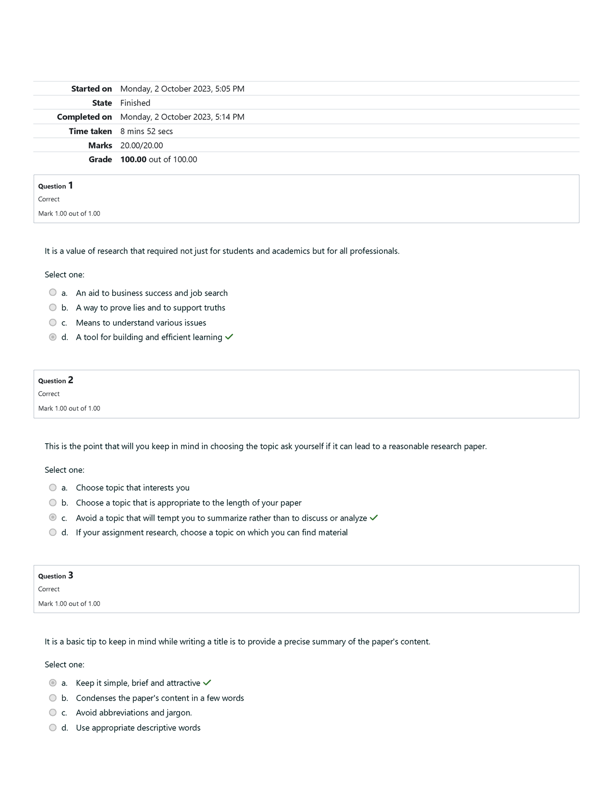 Research Long Quiz 1 Attempt review - Started on Monday, 2 October 2023 ...