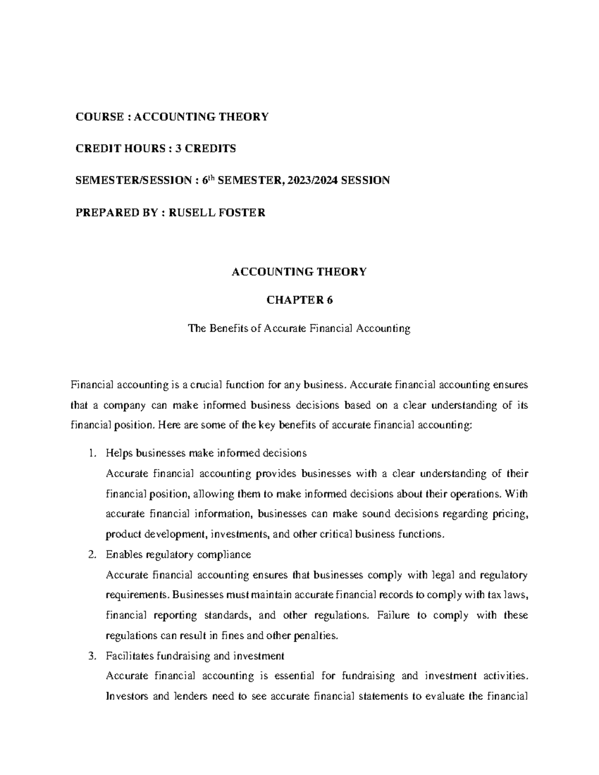 Accounting Theory Chapter 6 Rusell Foster - COURSE : ACCOUNTING THEORY ...