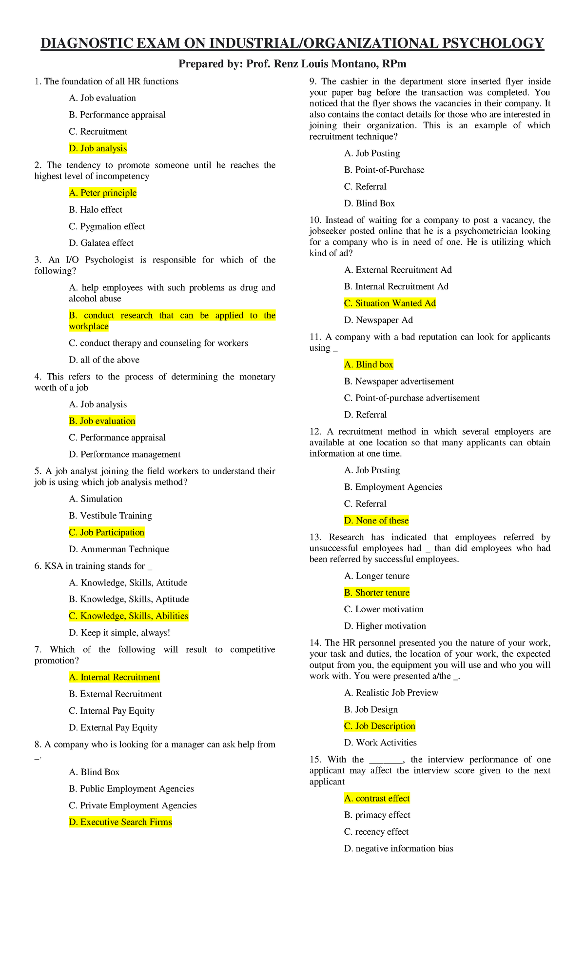 Diagnostic Exam IO Psychology DIAGNOSTIC EXAM ON INDUSTRIAL