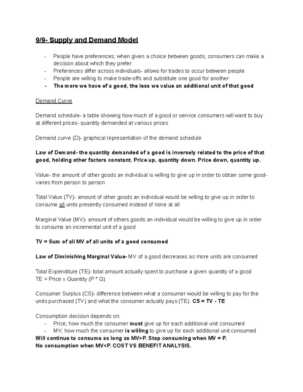 Econ 101 Notes for Midterm #1 1 - 9/9- Supply and Demand Model People ...