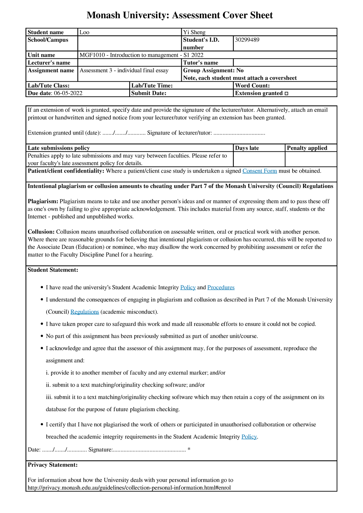 Assessment 3 - individual final essay Assessment Cover Sheet - Monash ...