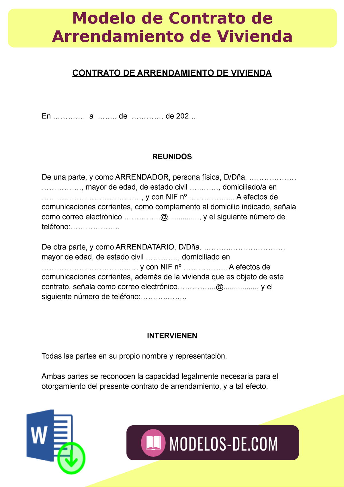 Modelo Contrato Arrendamiento de Vivienda - CONTRATO DE ARRENDAMIENTO DE  VIVIENDA En ............, a - Studocu