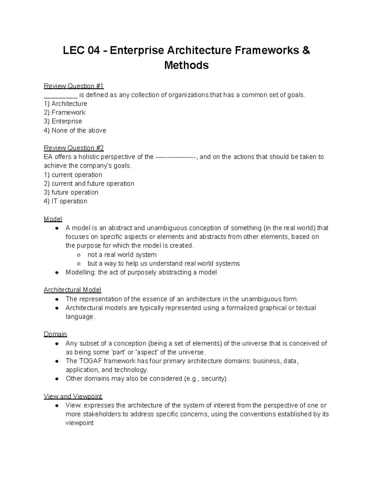 ITM706 Lecture 4 Notes - LEC 04 - Enterprise Architecture Frameworks ...