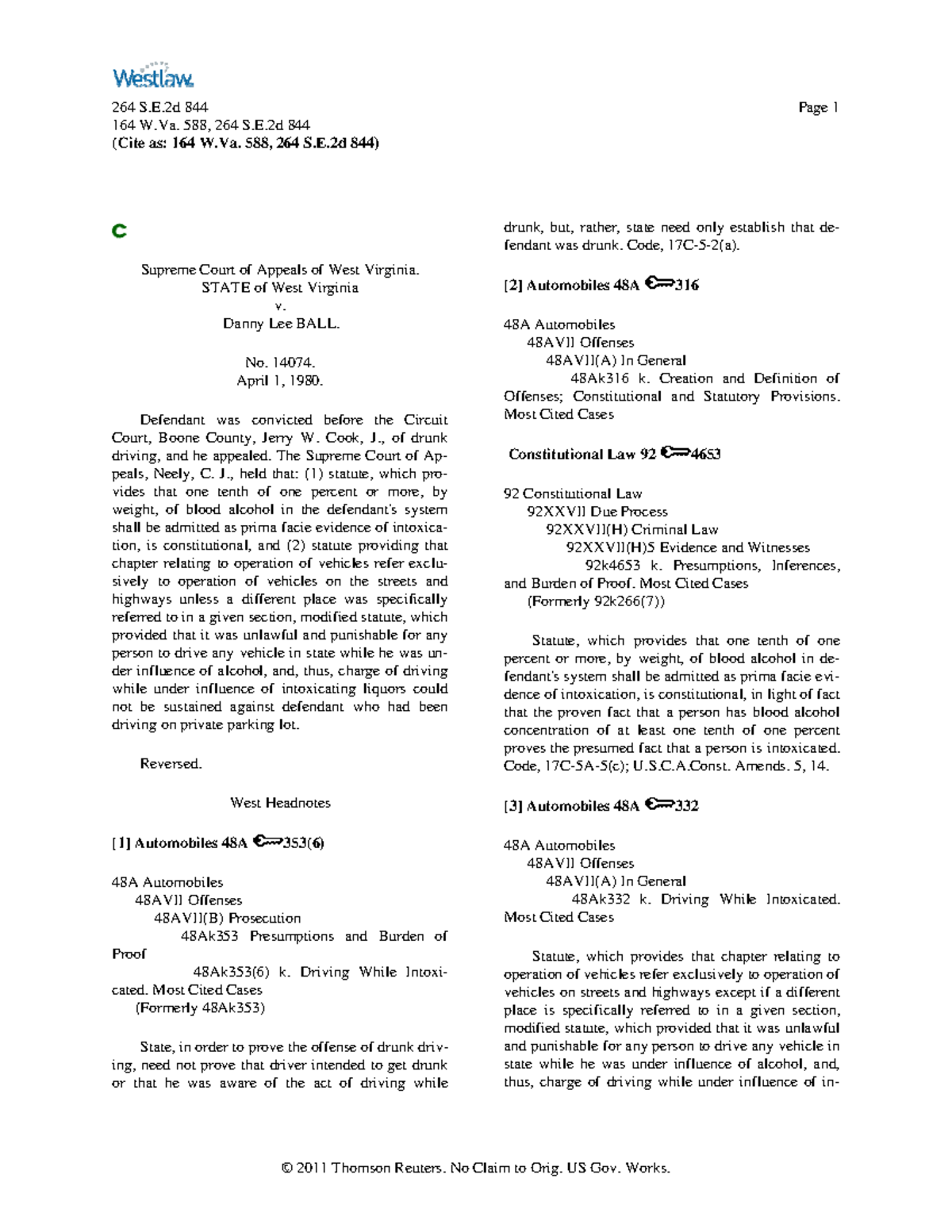 Danny Lee Ball - Dui - Here You Go - 164 W. 588, 264 S.e 844 (cite As 