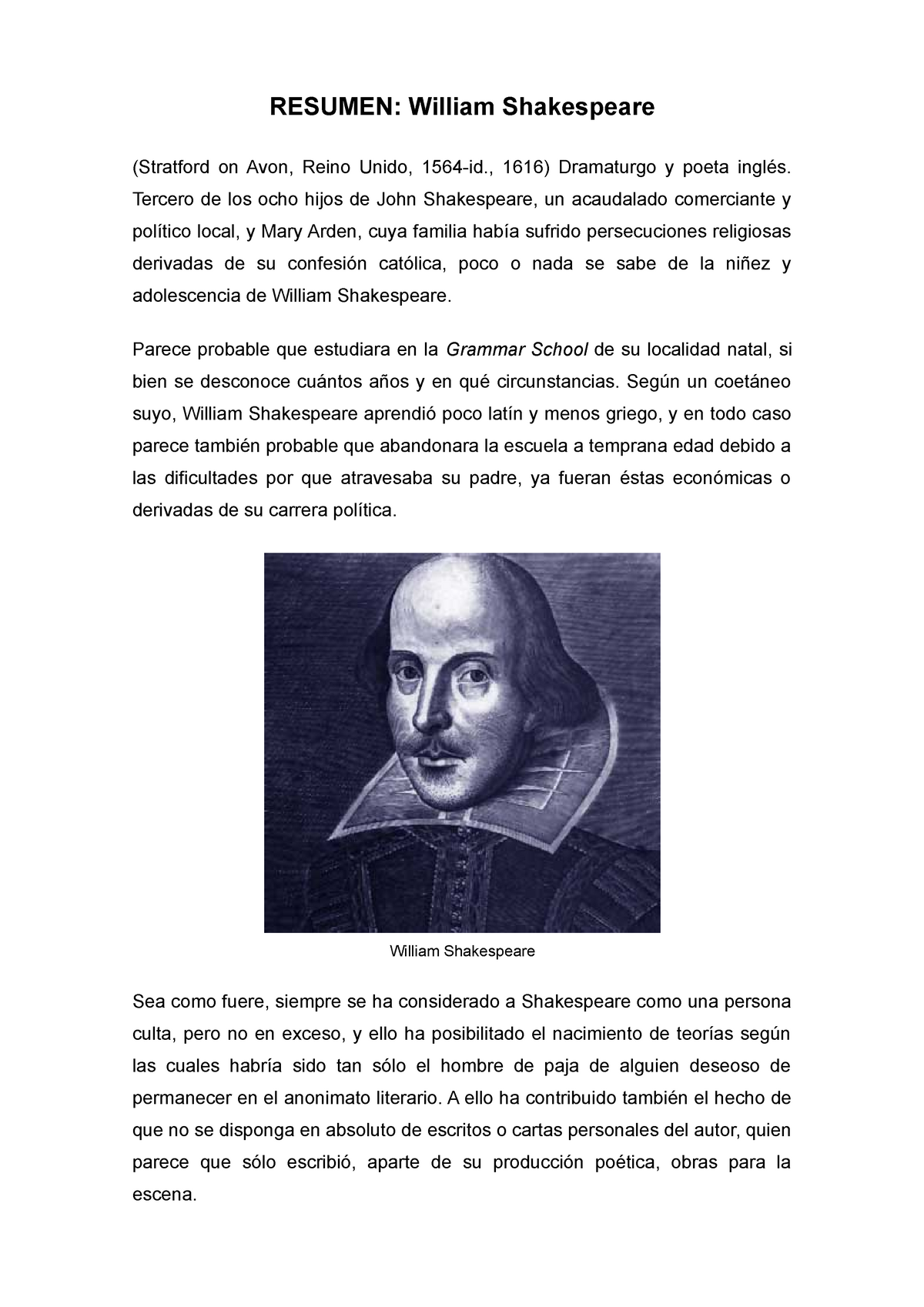 Resumen William-Shakespeare - RESUMEN: William Shakespeare (Stratford on  Avon, Reino Unido, - Studocu