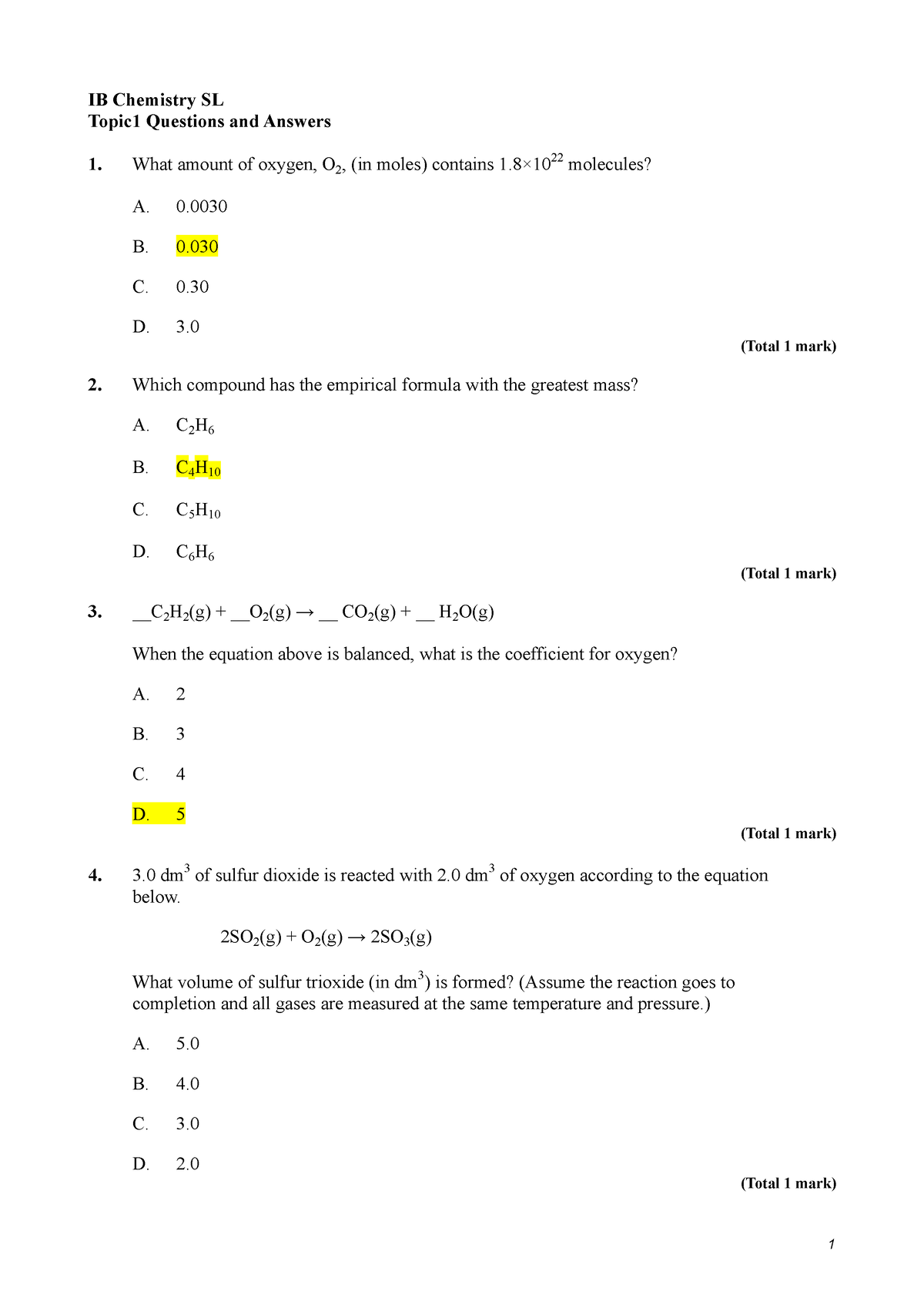 Stoichiometry Topic 1 Quantitative - IB Chemistry SL Topic1 Questions ...