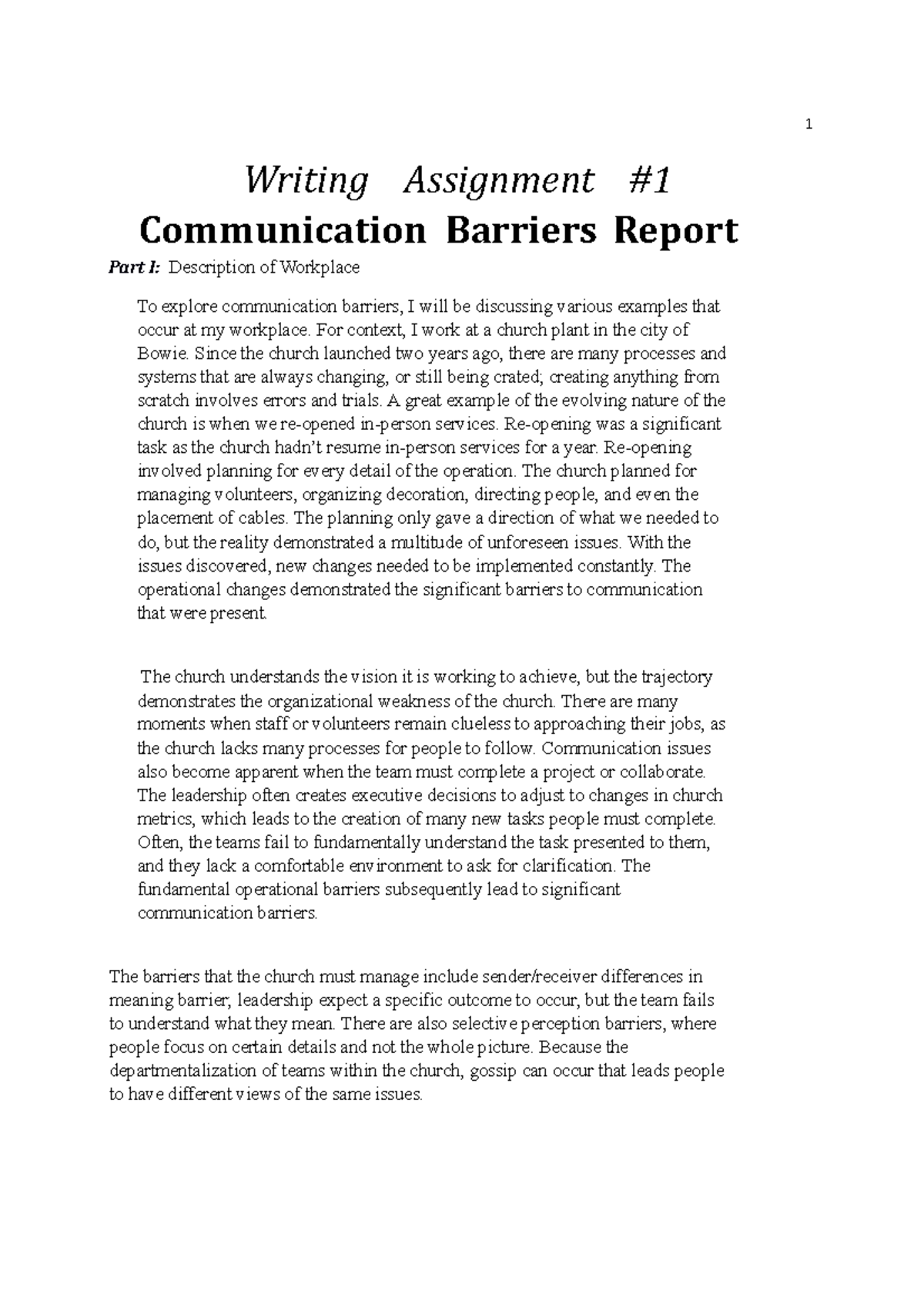 writing assignment #1 communication barriers report