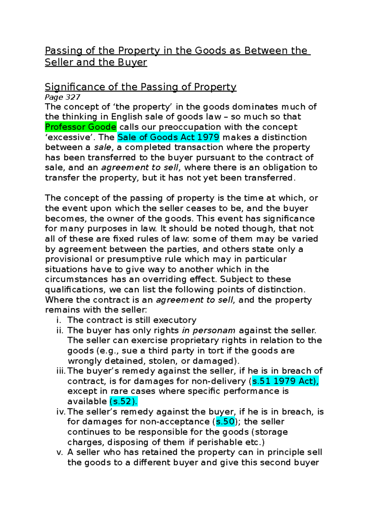 Chapter 9 - Passing of the Property in the Goods as Between the Seller ...