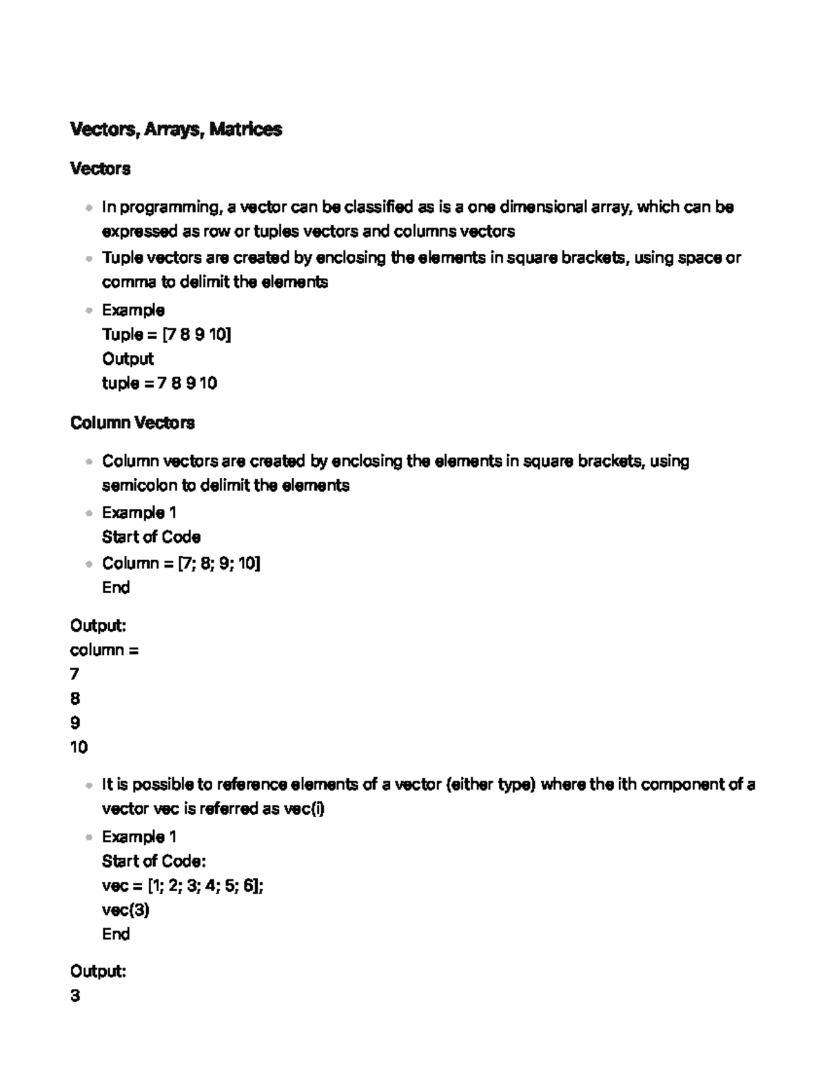 Vectors, Arrays, Matrices - Vectors, Arrays, Matrices Vectors In ...