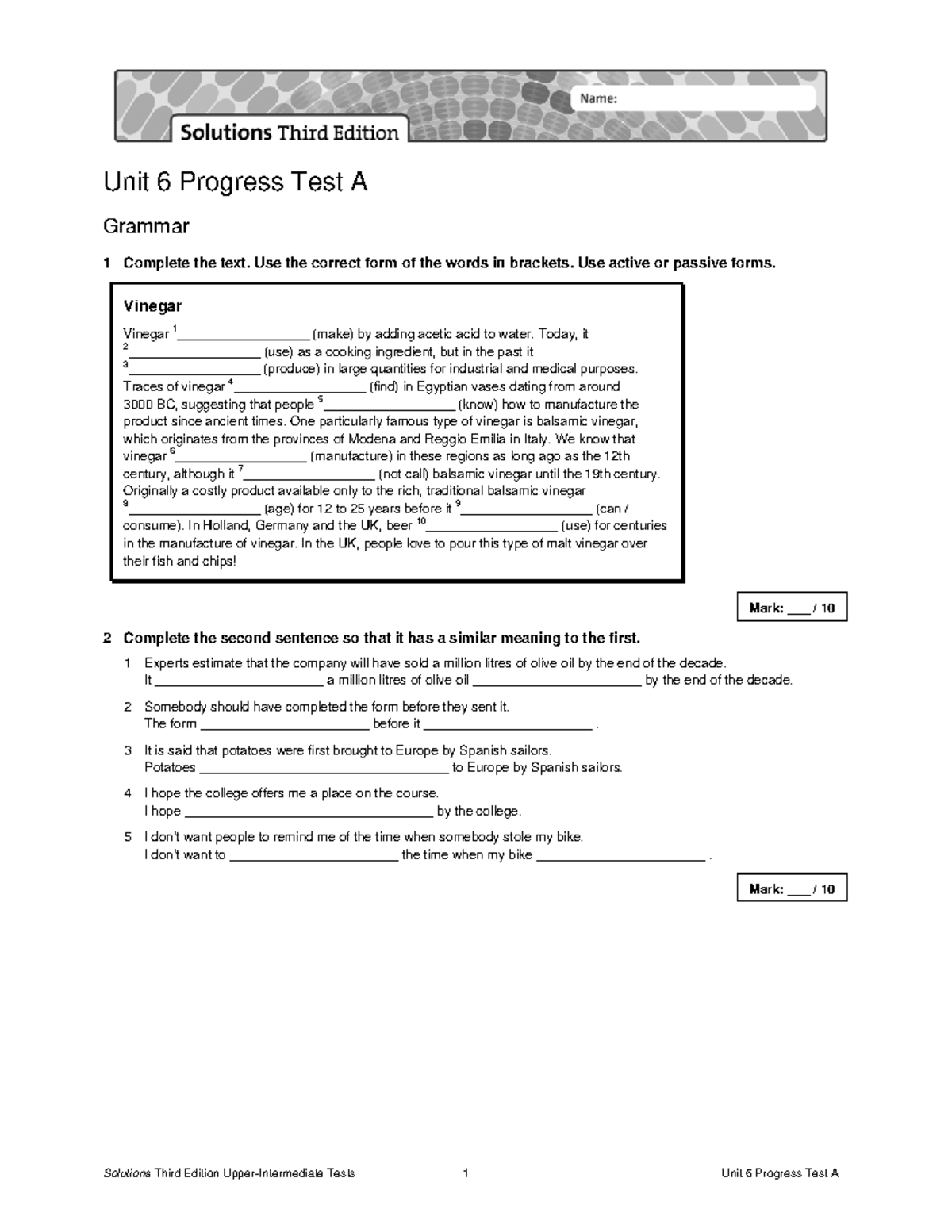 Sol3e Uppint U6 Progress Test A - Unit 6 Progress Test A Grammar 1 ...