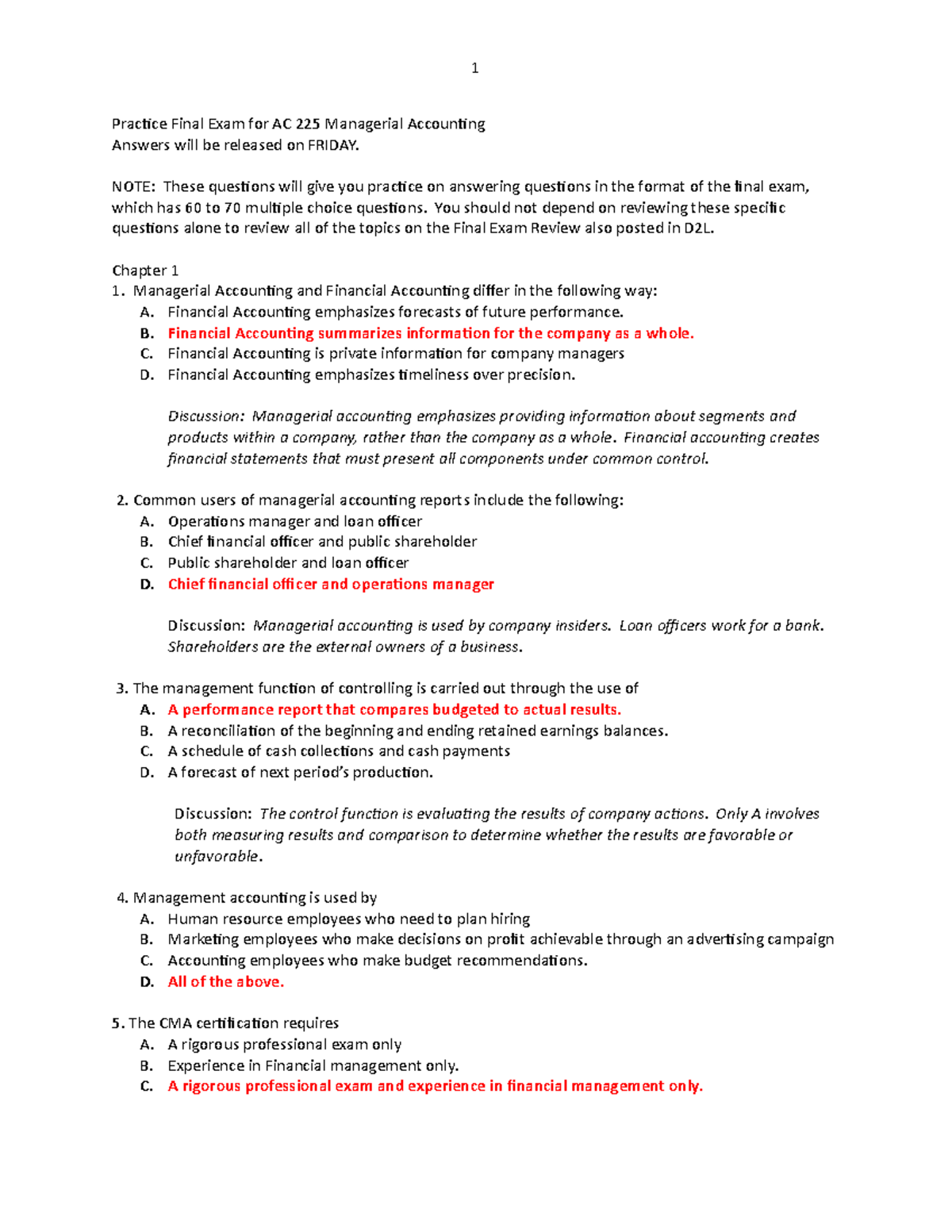 Final, Answers - Practice Final Exam For AC 225 Managerial Accounting ...