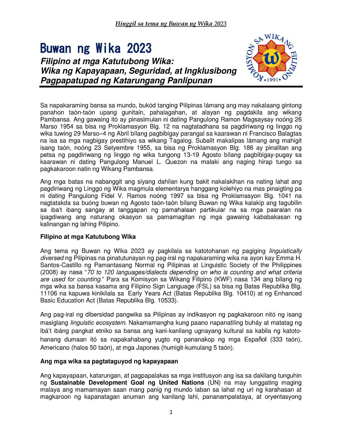Paliwanag Sa Tema Buwan Ng Wika 2023 Buwan Ng Wika 2023 Filipino At Mga Katutubong Wika Wika 8295