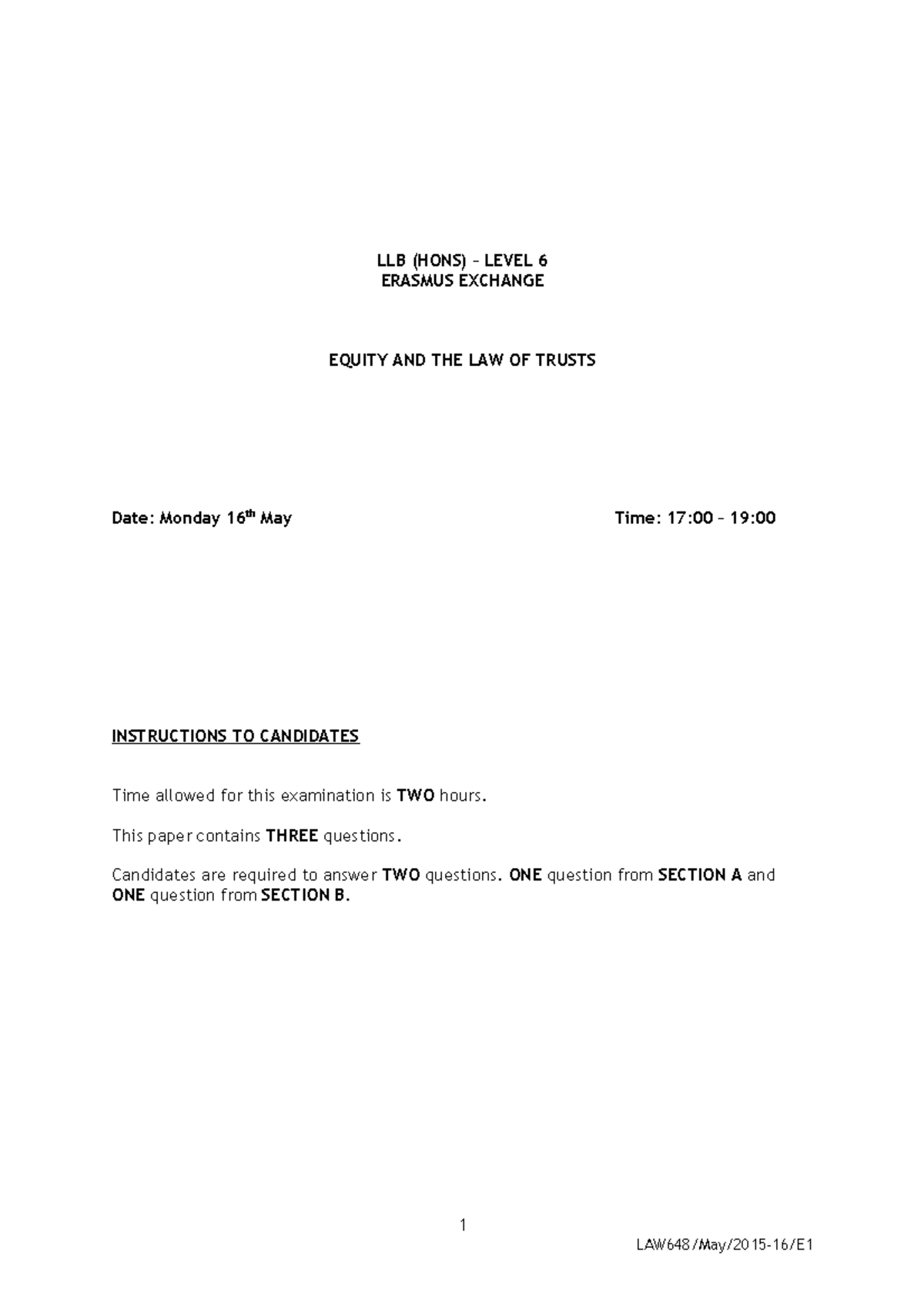 Exam 2015, questions - LLB (HONS) – LEVEL 6 ERASMUS EXCHANGE EQUITY AND ...