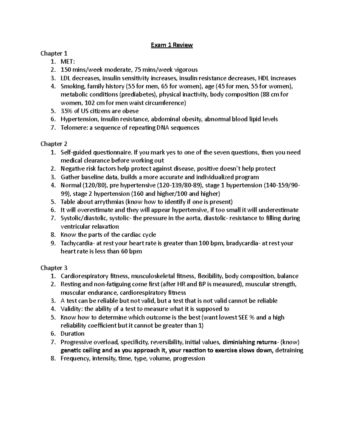 Exam 1 Review - Exam 1 Review Chapter 1 MET: 150 Mins/week Moderate, 75 ...