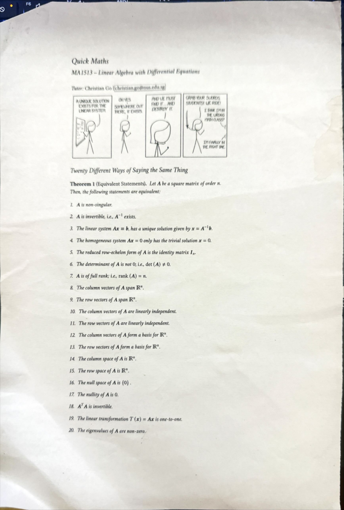 Ma1513 F6 Quick Maths MA1513 Linear Algebra with Differential