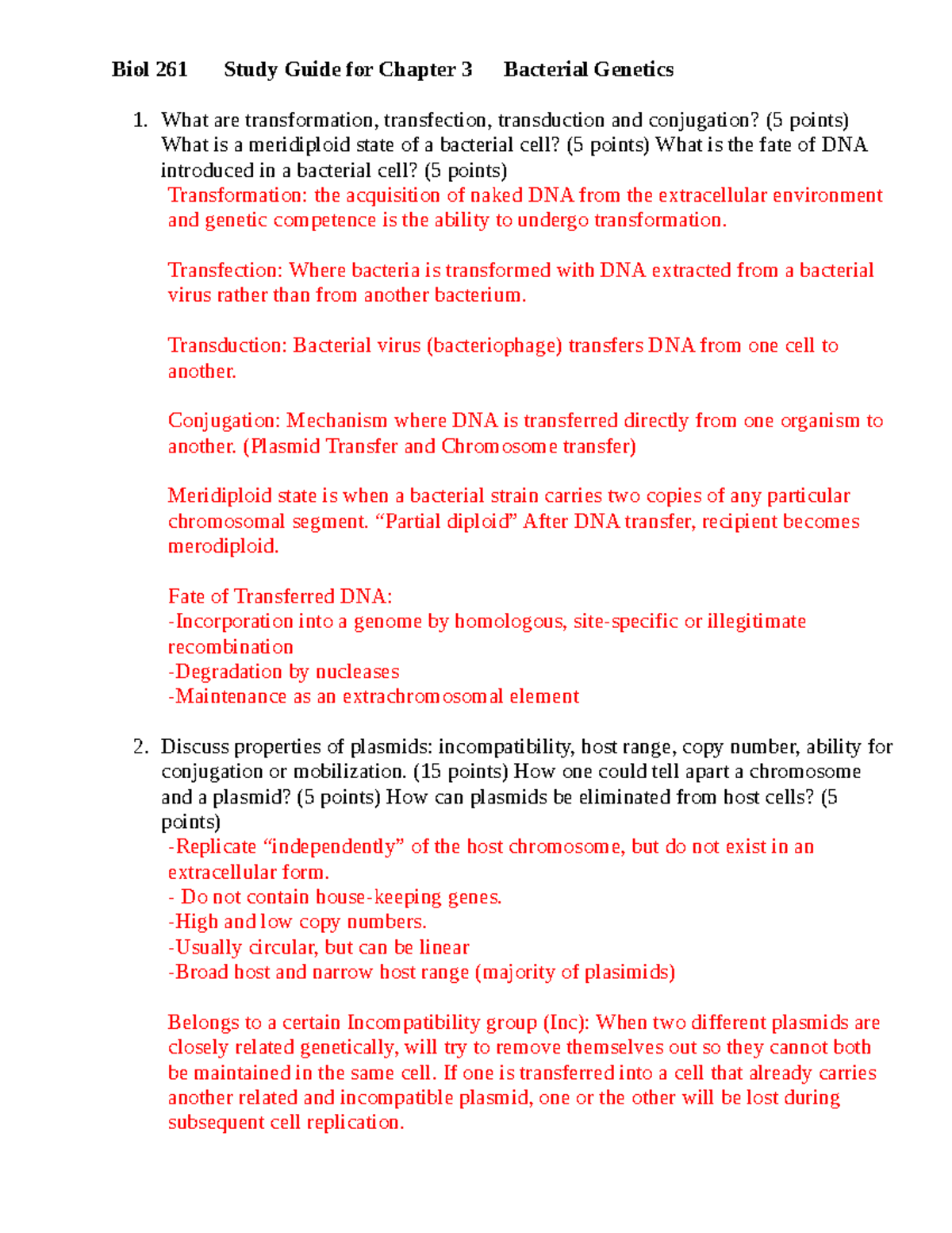 Ch 3 SGAnswer - Biol 261 Study Guide for Chapter 3 Bacterial Genetics ...