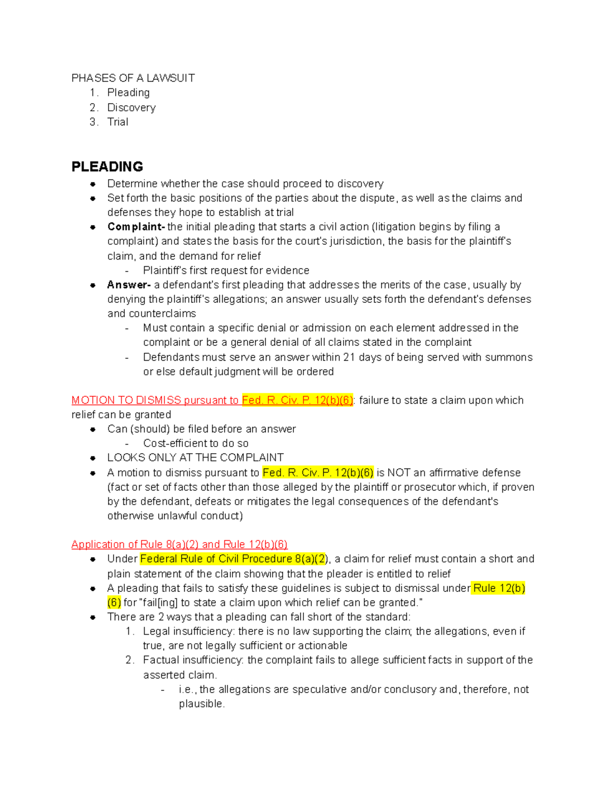 Midterm Review - PHASES OF A LAWSUIT Pleading Discovery Trial PLEADING ...