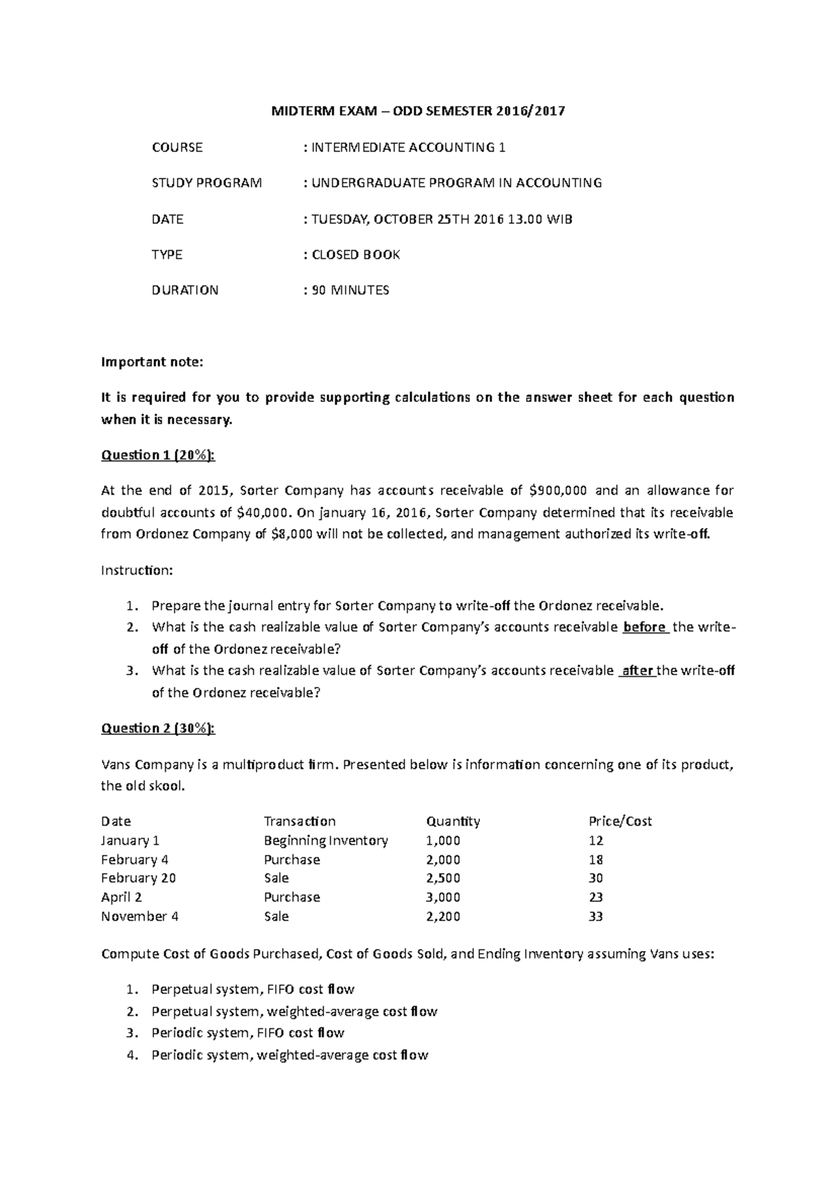 Intermediate Accounting I MID 2016 - MIDTERM EXAM ODD SEMESTER COURSE ...