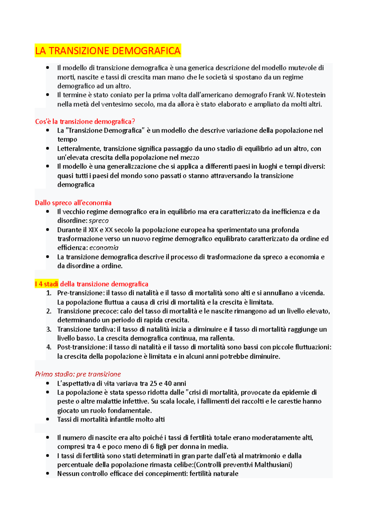 LA Transizione Demografica Stadi - LA TRANSIZIONE DEMOGRAFICA Il ...