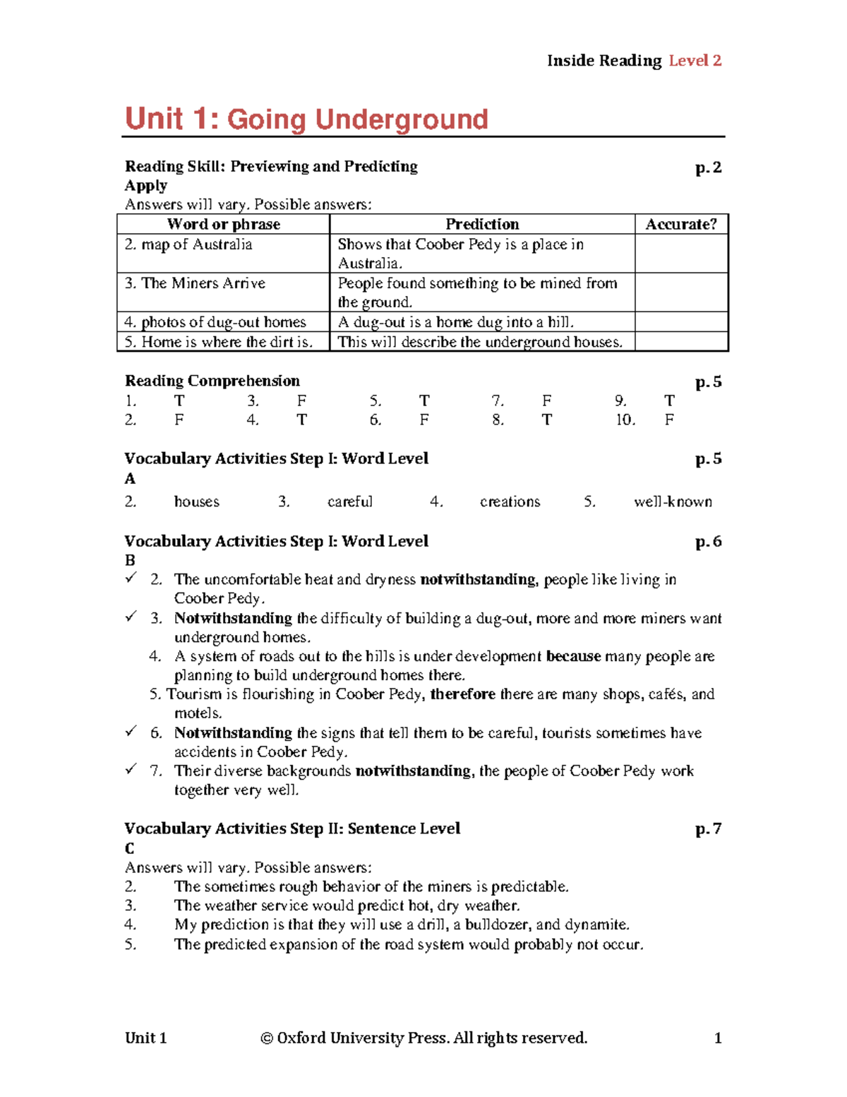 ĐỌC TA1 Inside Reading Answer keys Unit 1 Going Underground Reading Skill Previewing and